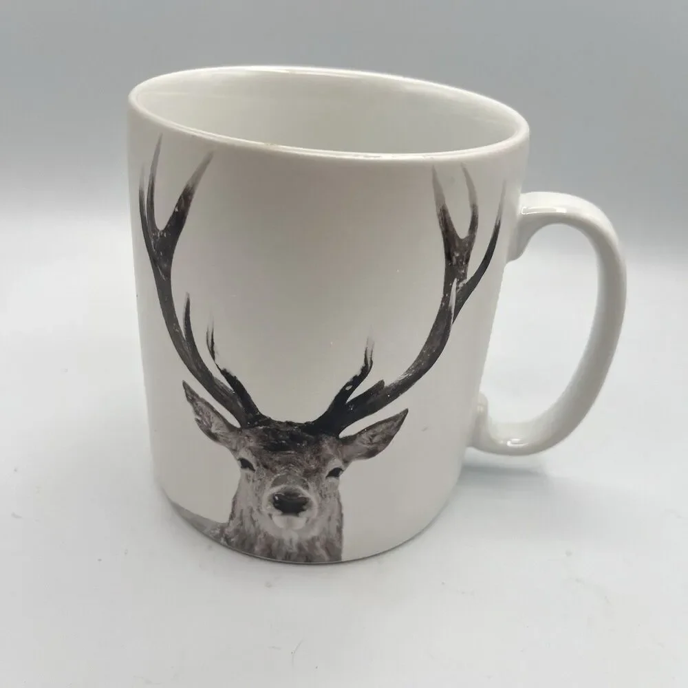 Pier 1 Snow Forest Winter Buck Deer Porcelain Coffee Mug Dishwash Microwave 5”